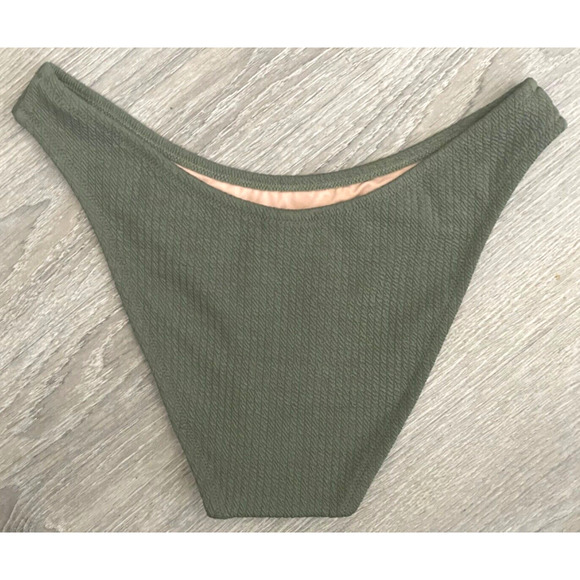 J. Crew Textured Curved-Waist Cheeky Bikini Bottom High Cut Olive Green Medium - Picture 2 of 16